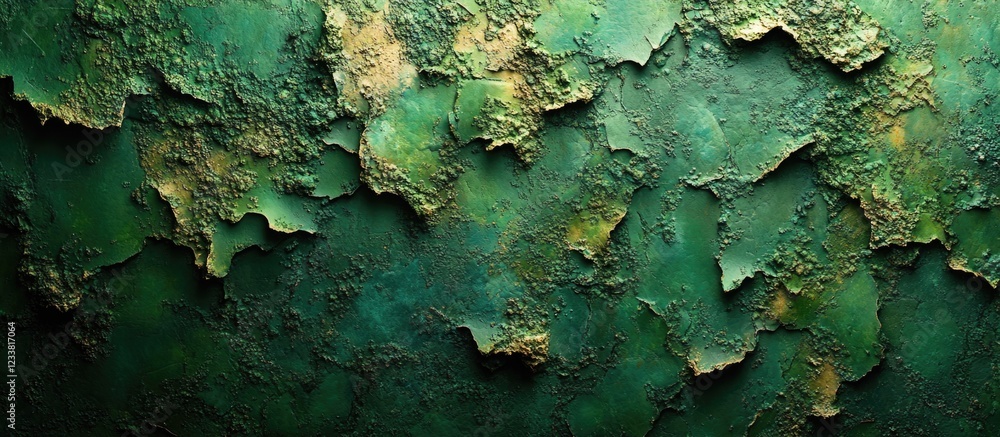 Poster textured green surface with peeling paint and intricate patterns ideal for backgrounds or abstract d