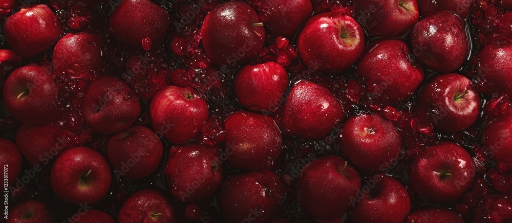 Poster Red apples arranged in a dense pattern on a dark surface with a glossy finish and natural reflections Copy Space