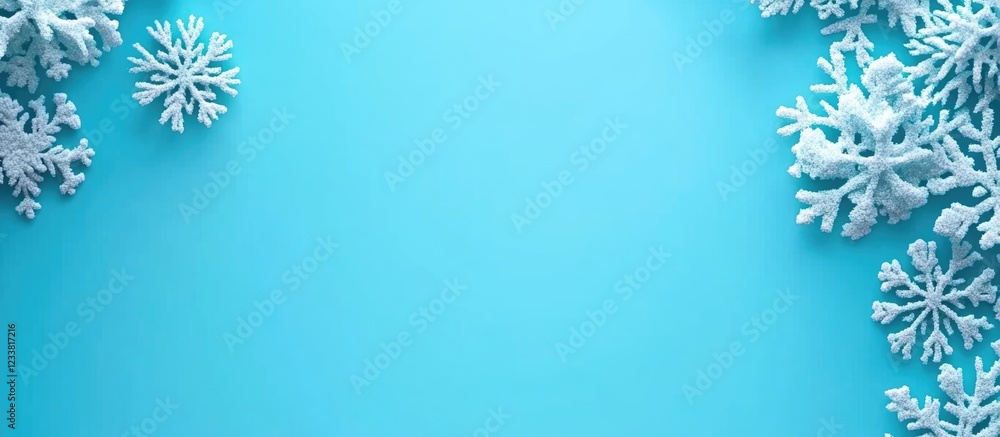 Aufkleber blue background with white snowflakes framing the top and bottom edges providing ample copy space fo