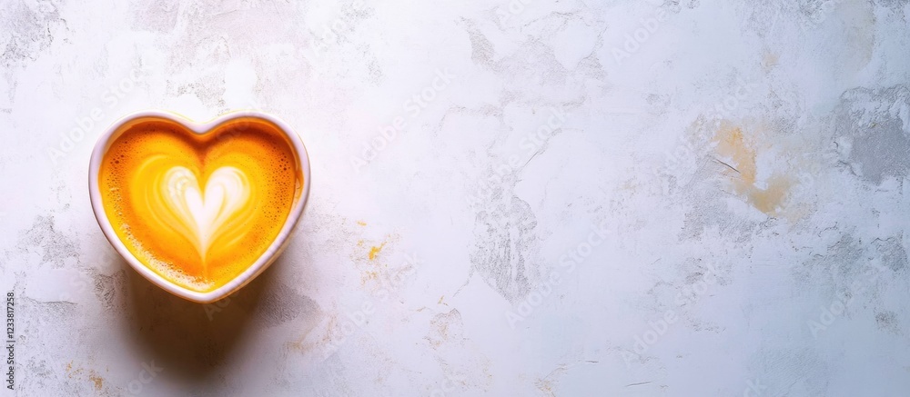 Aufkleber Heart-shaped latte art in a white bowl on a textured gray surface with Copy Space for text placement.