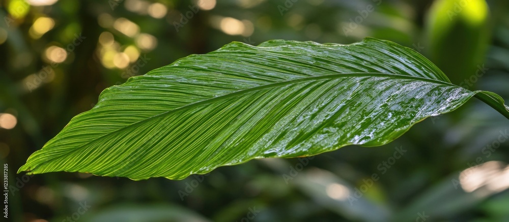 Poster close-up of a large green tropical leaf with a glossy texture and visible veins against a blurred na