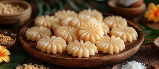 Traditional Indian sweets displayed on a wooden platter surrounded by natural elements with copy space for text