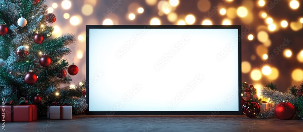 Poster Christmas themed background with blank screen for text surrounded by decorated tree and gift boxes Copy Space
