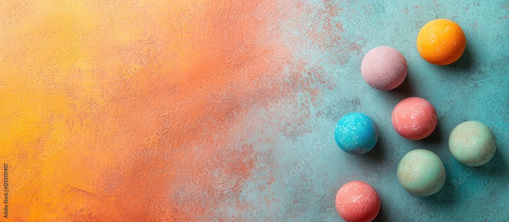 Aufkleber colorful pastel balls arranged on a textured turquoise and orange background with ample copy space f