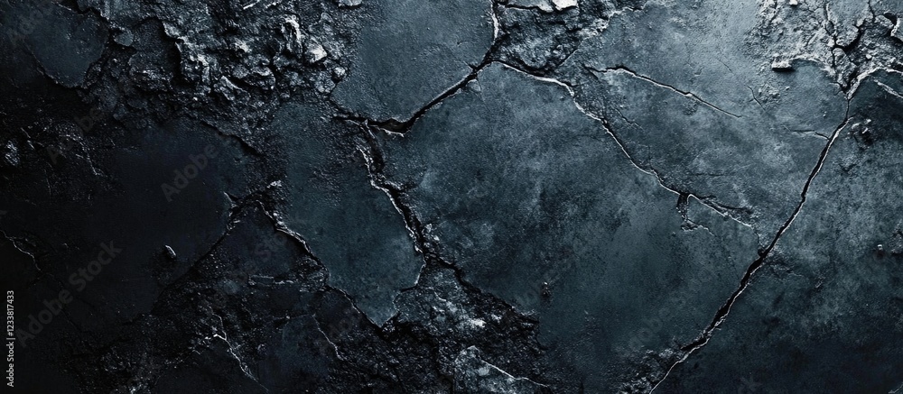 Poster Dark textured surface with cracks and a rough appearance featuring a monochromatic color scheme and ample Copy Space.