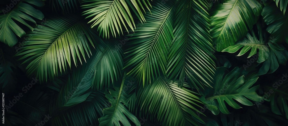 Aufkleber Tropical green palm leaves arrangement with varying textures and shapes ideal for background use with copy space