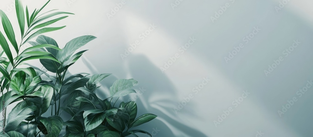 Poster indoor plants casting shadows on a light wall with copy space for text or design elements. foliage c
