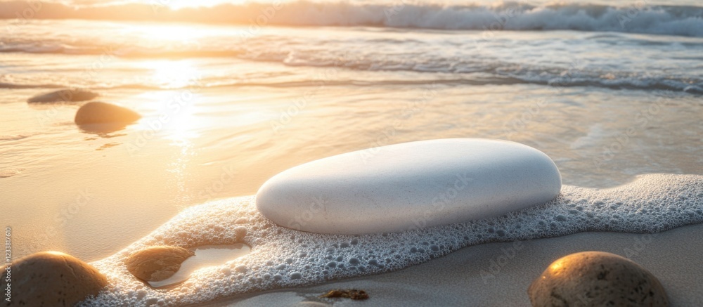Poster Smooth white stone on sandy beach with gentle waves during sunset showing foam and rounded pebbles Copy Space