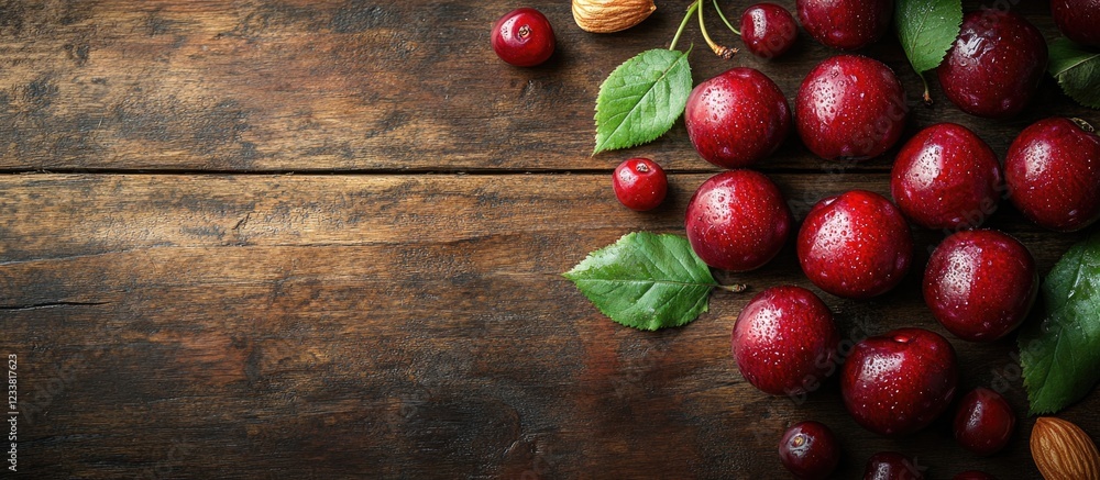 Poster fresh red plums and almonds with green leaves on rustic wooden background with copy space for text p