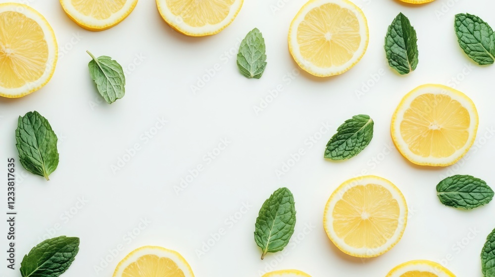 Poster Lemon slices and fresh mint leaves arranged on a light background with copy space for text or design elements.