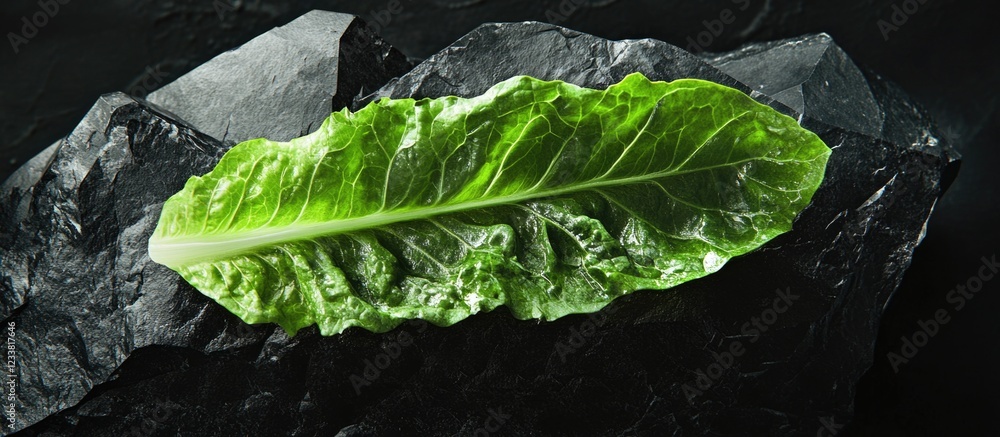Aufkleber close-up of a fresh green lettuce leaf on a dark textured surface with copy space for text.