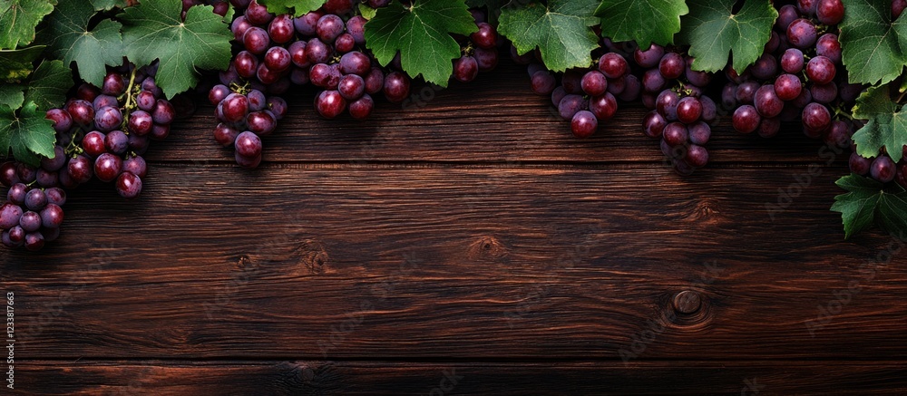 Poster freshly harvested red grapes with green leaves on rustic wooden background with copy space.