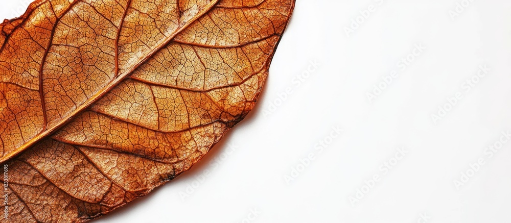 Poster dried brown leaves on white background with copy space for text placement