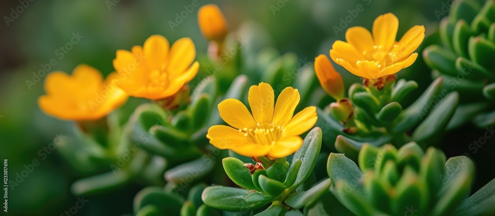 Poster vibrant yellow flowers surrounded by green succulent leaves with soft focus background and copy spac