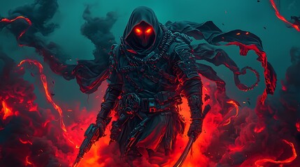 Mysterious cloaked figure with glowing eyes standing amidst swirling flames and smoke