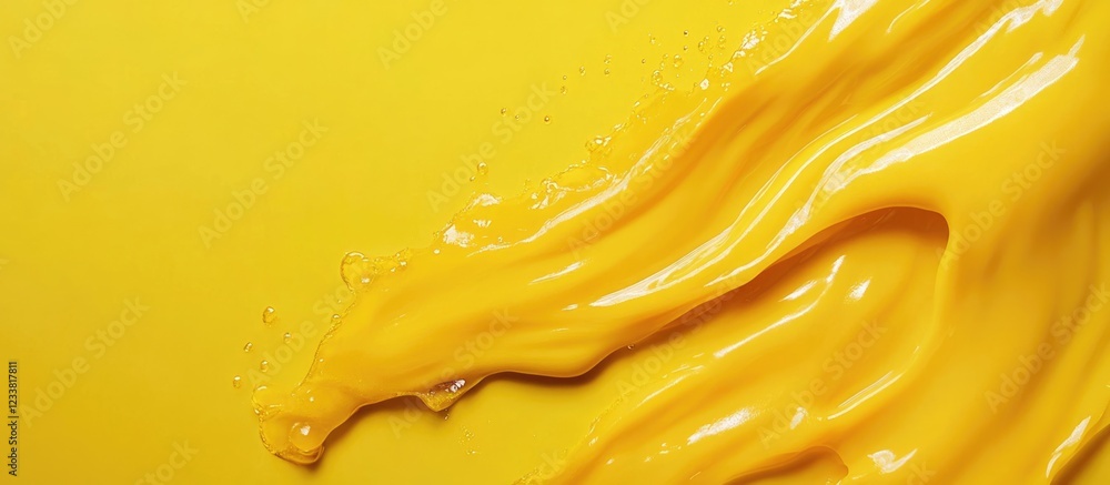 Fototapete Yellow paint splash on a smooth surface with Copy Space for text placement. Bright color for backgrounds or design layouts.