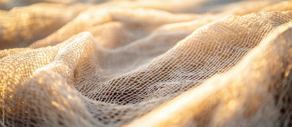 Fototapete Textured fabric with soft light and warm tones showcasing intricate weave patterns and Copy Space for design applications.