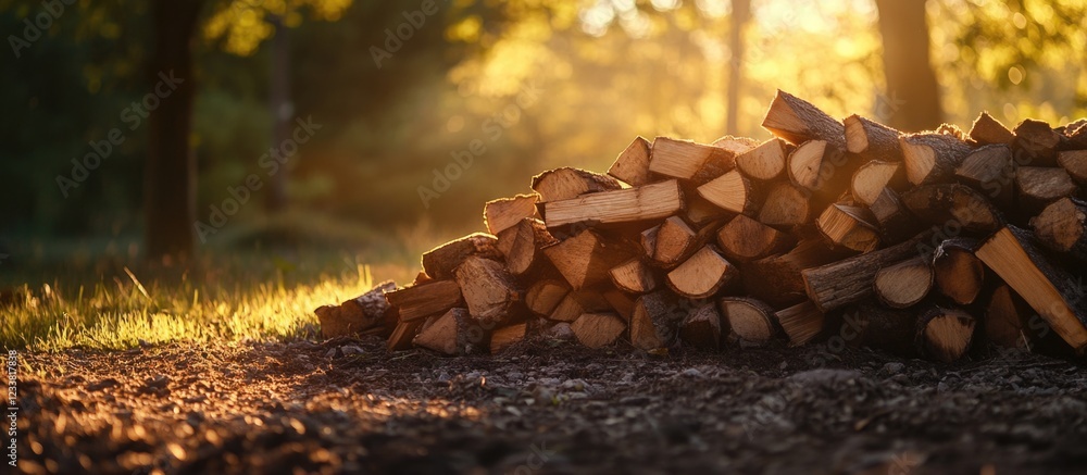 Poster Wooden logs stacked in a forest clearing with sunlight filtering through trees natural setting with shallow depth of field Copy Space