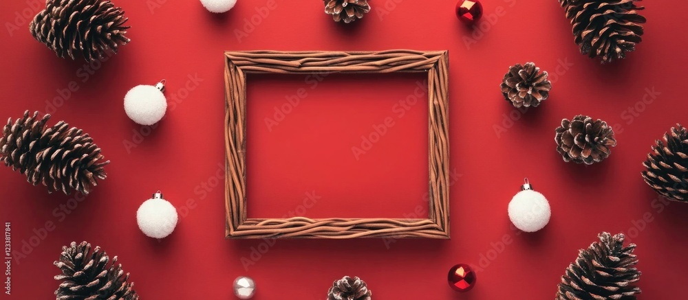 Poster christmas decoration with empty wooden frame surrounded by pine cones and ornaments on a red backgro
