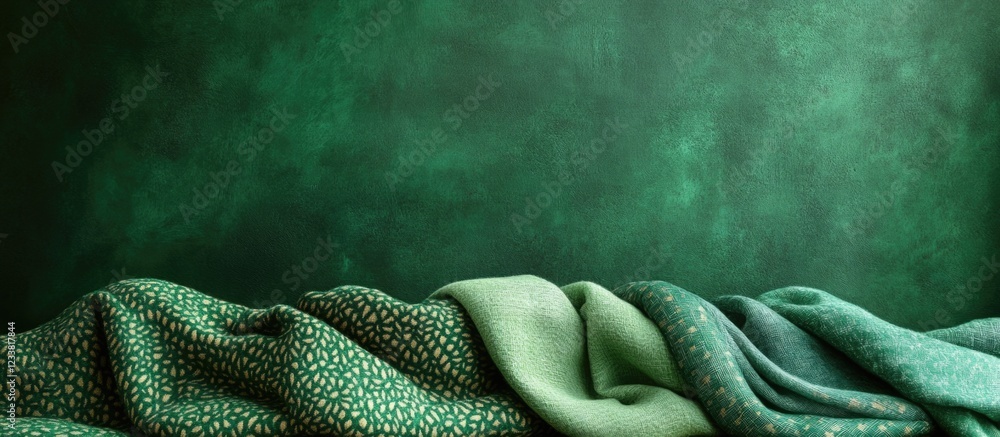 Poster textured green fabric draped on a surface with a dark green backdrop featuring copy space for text i