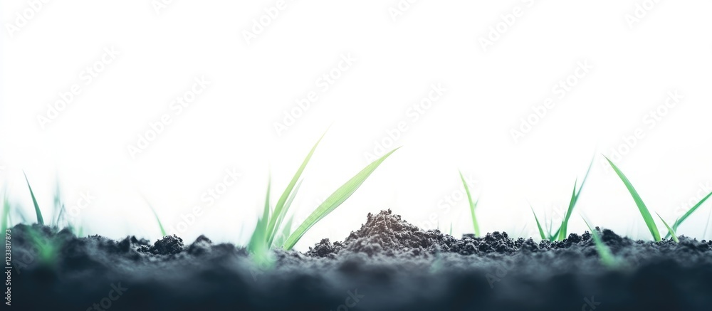 Poster close-up view of fresh soil with emerging green grass blades against a white background copy space