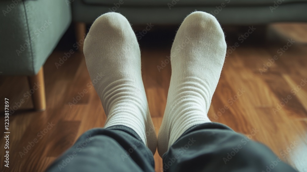 Poster white socks on feet resting on wooden floor with a couch in the background copy space