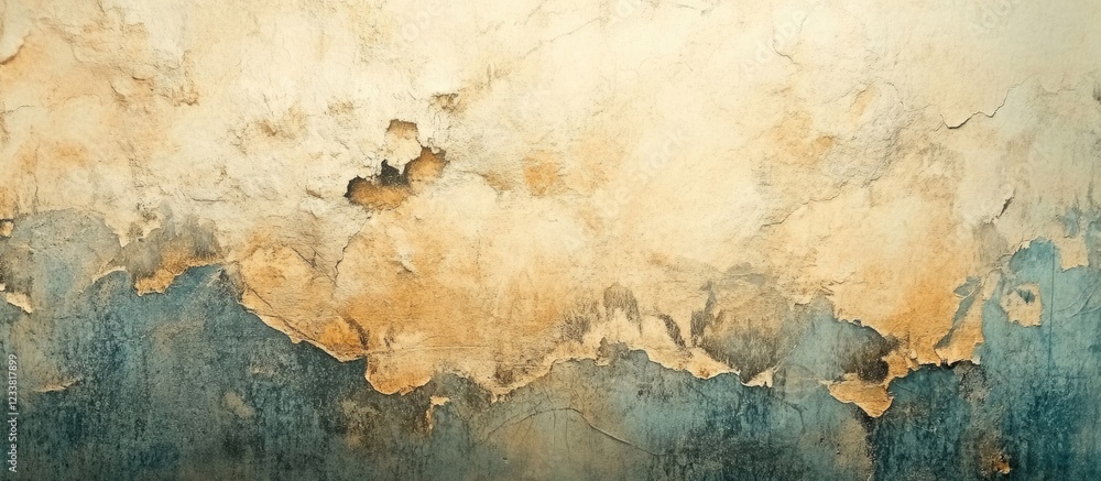 Poster Abstract textured background with layers of beige and blue colors featuring distressed paint and cracks, ideal for design projects, Copy Space.