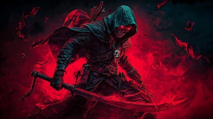 Mysterious cloaked figure wielding a sword, surrounded by swirling red smoke in an ominous setting