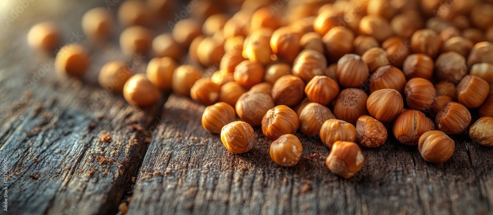 Poster Close-up of roasted hazelnuts scattered on rustic wooden surface with natural light and Copy Space for text placement