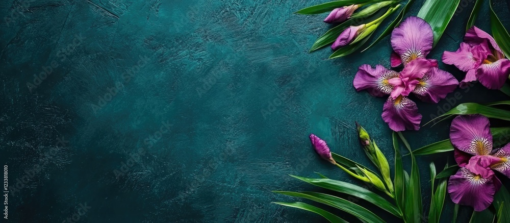 Poster Purple orchids and green leaves arranged on a textured teal background with copy space for text insertion