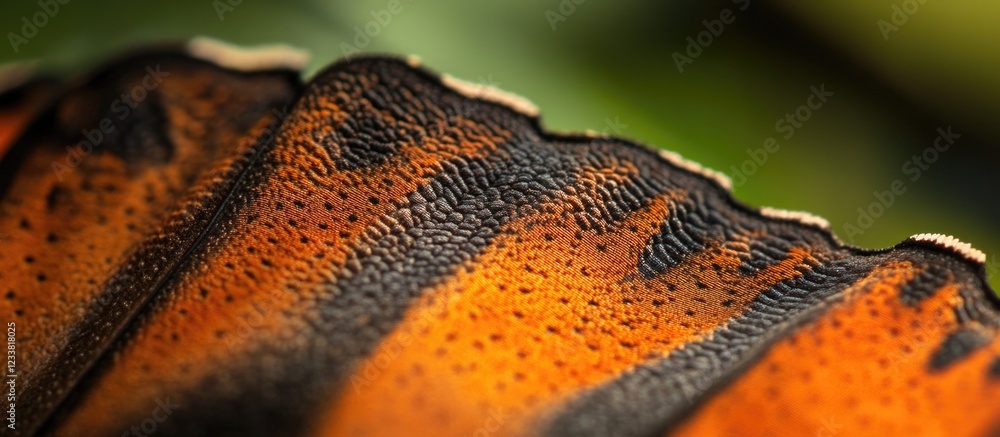 Poster close-up of monarch butterfly wing showing detailed patterns and textures with green background and 