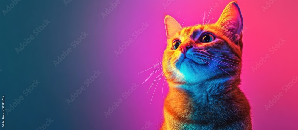 Poster cat portrait with vibrant lighting in shades of pink and blue against a gradient background showcasi