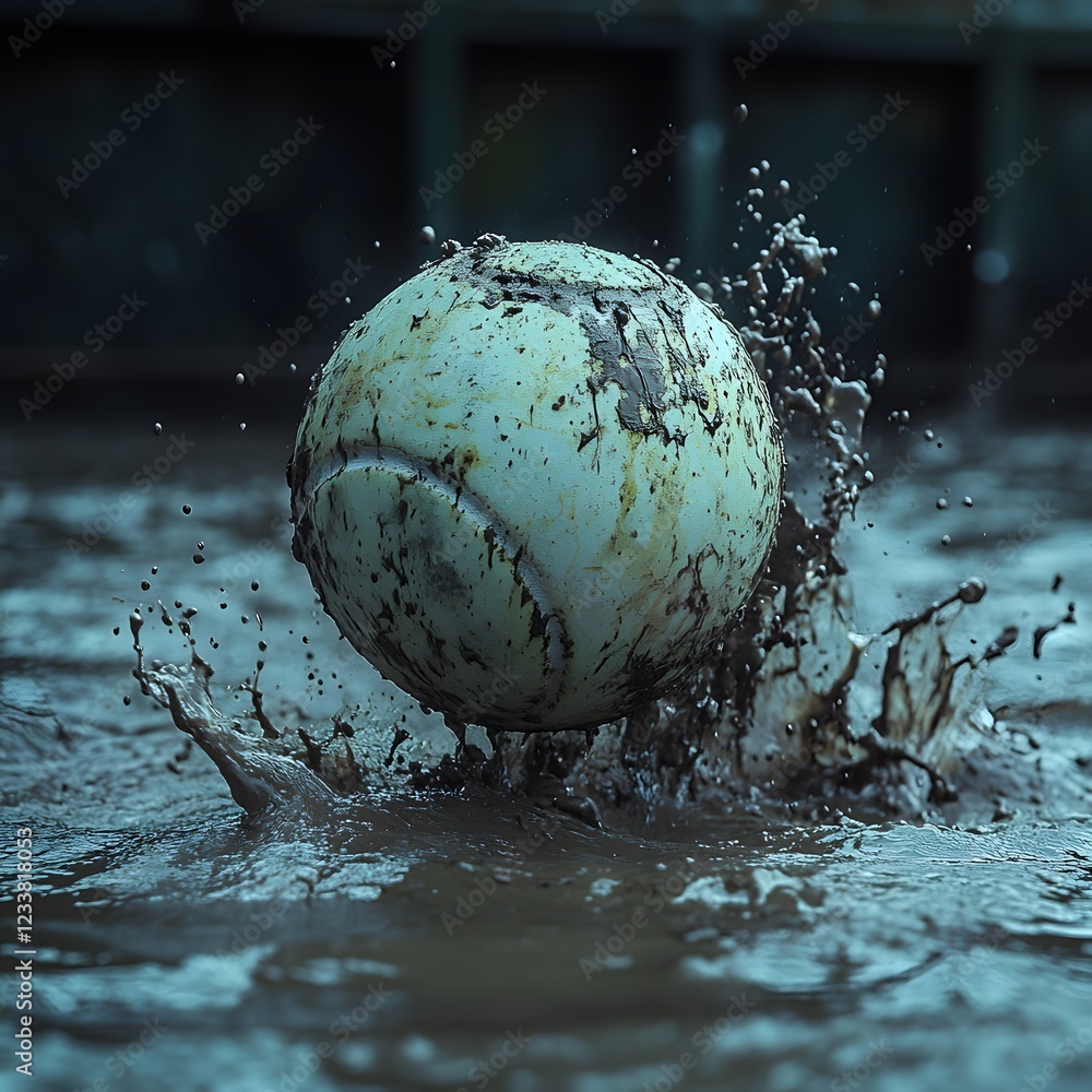 Poster Tenis ball just after landing on a muddy surface mud splashing dramatically the scene captured with minimal lighting for a mysterious feel highlighting the textures of both ball and mud