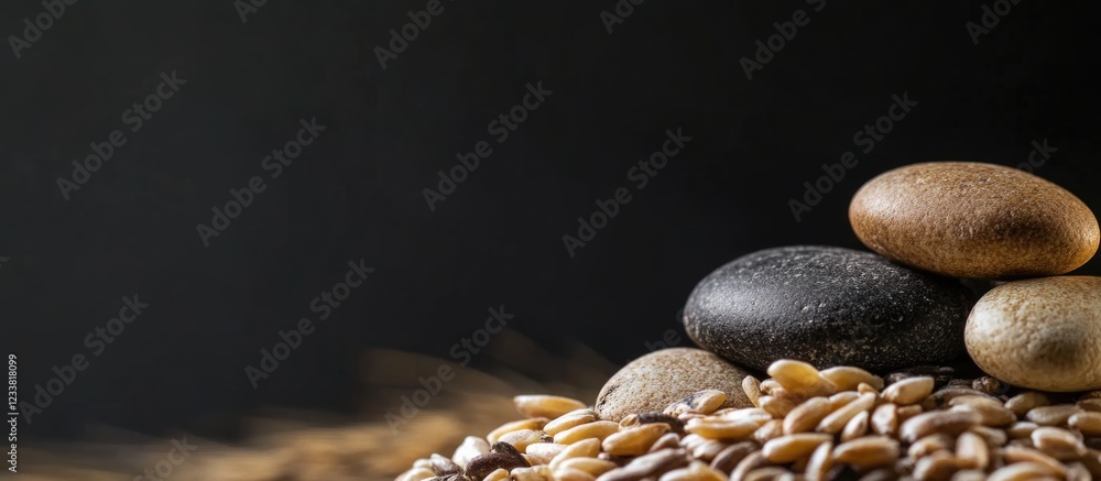 Poster Stacked smooth stones on a bed of grains with dark background and ample copy space for text placement