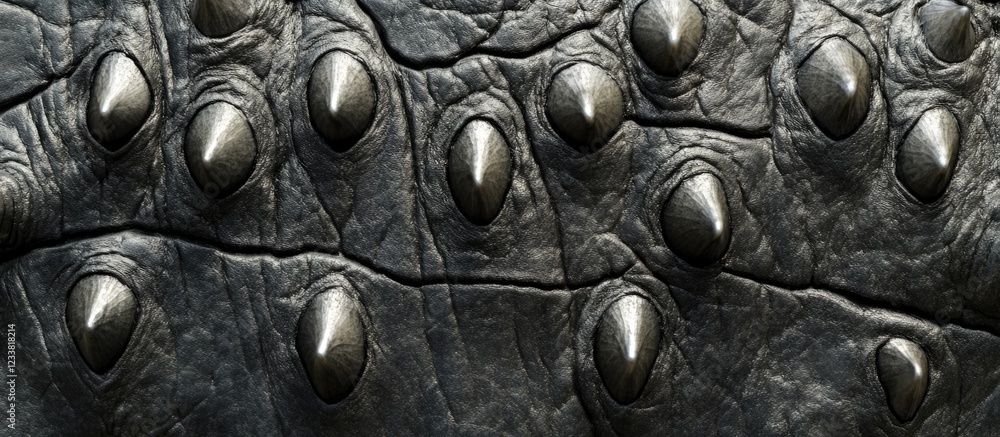 Poster Close-up view of textured reptilian skin with distinct scales and claws displaying natural patterns and dark coloration, Copy Space