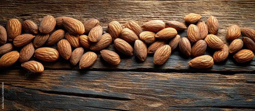 Poster Almond nuts scattered on rustic wooden surface with natural lighting and Copy Space for text placement