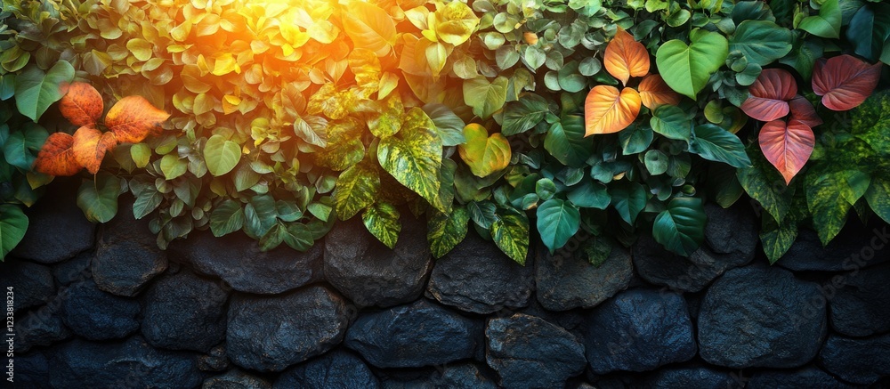 Poster green foliage and colorful leaves illuminated by sunlight over a stone wall with copy space for text