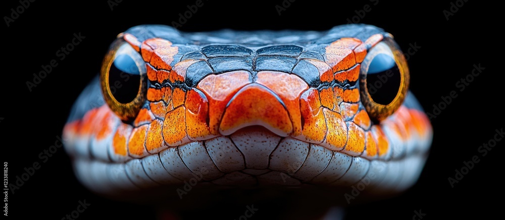 Poster close-up of a vibrant and colorful snake with intricate scales and striking eyes against a black bac
