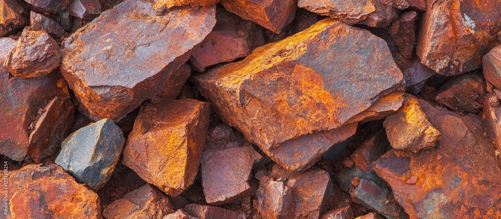 Poster Rusty iron ore rocks texture close-up with variations in color and rough surfaces suitable for background or material design Copy Space