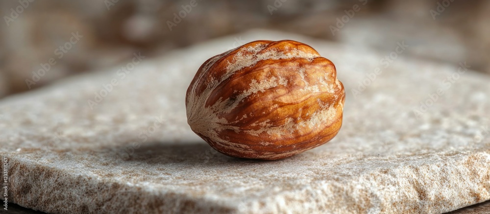 Aufkleber Single whole hazelnut on textured stone surface with copy space for text. Detailed close-up of nut shell and surface texture.