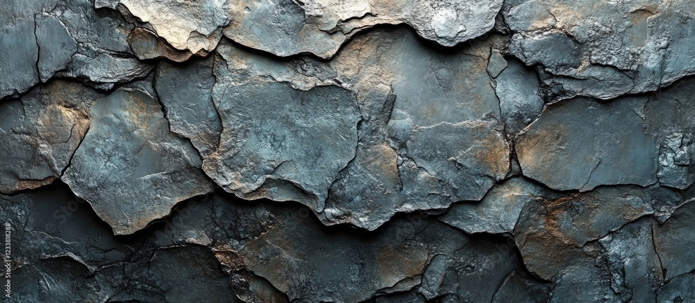 Aufkleber Textured slate stone wall background with layered rock formations and natural color variations, ideal for architectural and design projects, Copy Space.