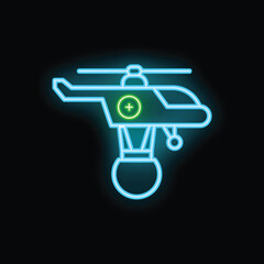 Blue neon icon of an air ambulance helicopter carrying a patient on a stretcher