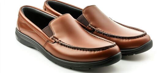 Brown leather men's slip-on shoes with black sole isolated on white background Copy Space