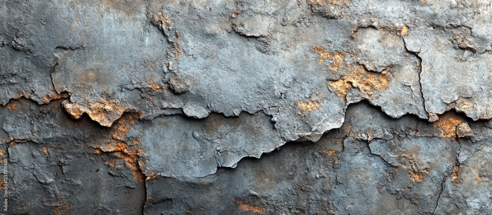 Poster abstract textured background of weathered and cracked blue-gray concrete with rust accents and peeli