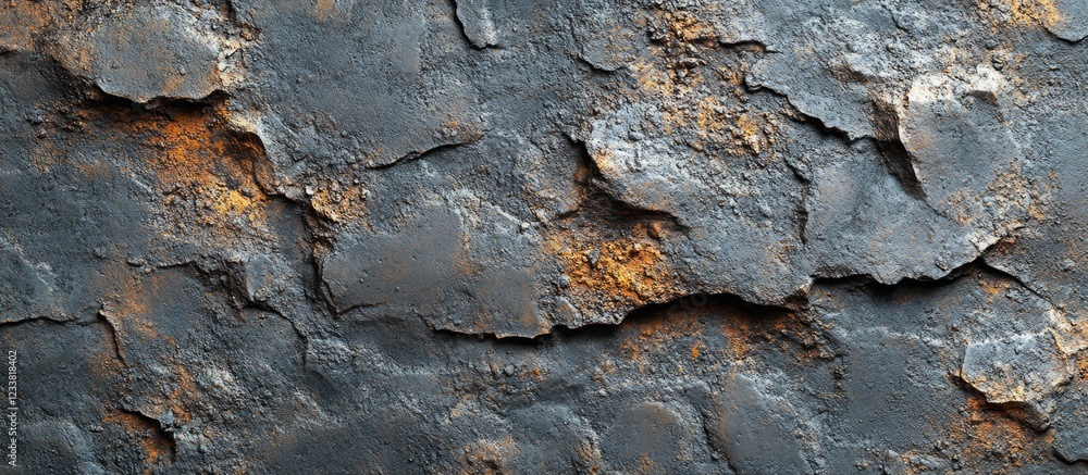 Poster Textured background of weathered and peeling slate with rust tones and natural rock patterns featuring ample Copy Space.