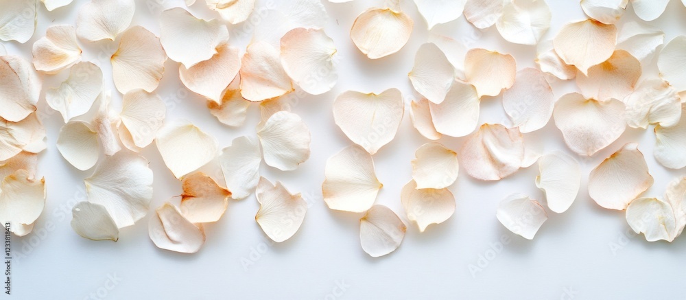 Poster white and pale pink rose petals scattered on a light background with copy space for text placement