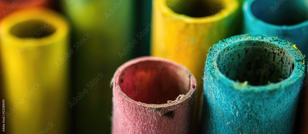 Poster Colorful paper rolls in a close up view with blurred background and copy space for text placement