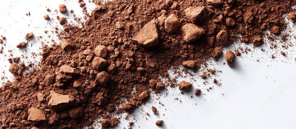 Poster cocoa powder with chunks scattered on a white background copy space