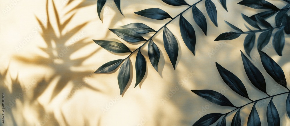 Poster Green leaves casting shadows on a light background with copy space for text placement