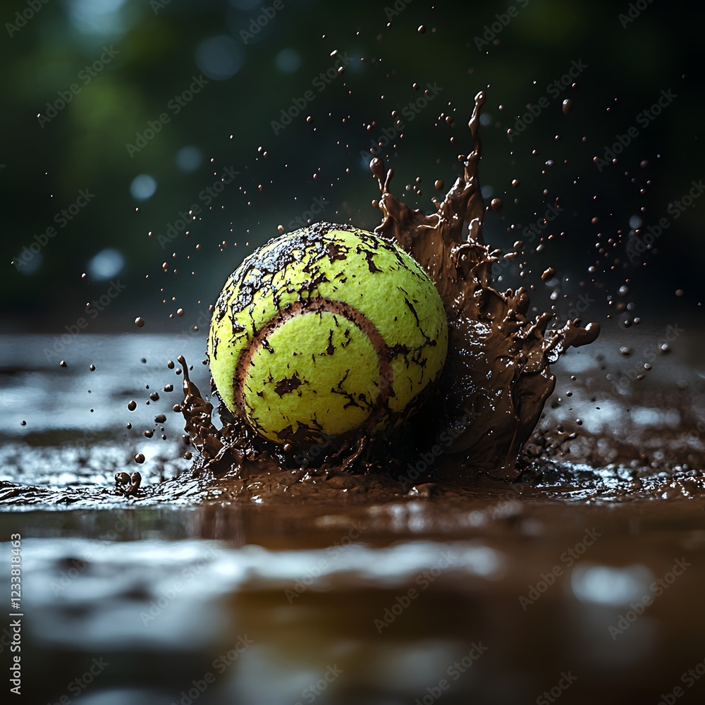 Poster tenis ball just after landing on a muddy surface mud splashing dramatically the scene captured with 